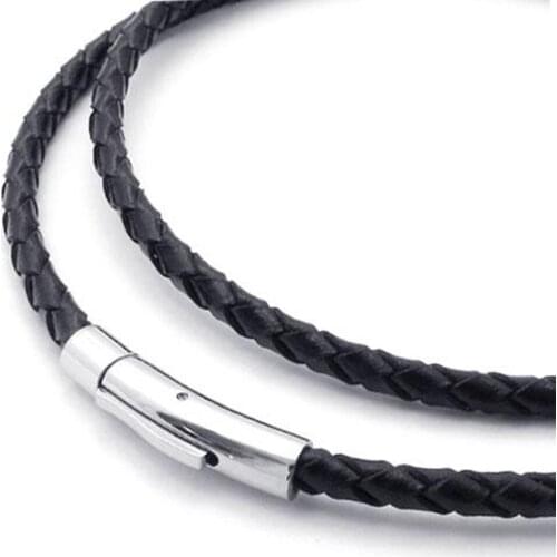 Jonline24h Black Braided Leather Cord Rope Choker Chunky Necklace Chain Stainless Steel Clasp 3-4mm 14-30