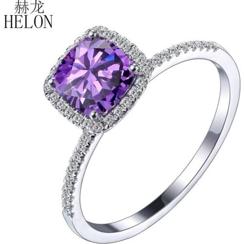 HELON Solid 10K White Gold Certified Cushion 6x6mm 1.1ct Amethyst 0.2ct Natural Diamonds Fine Engagement Wedding Gemstone Ring