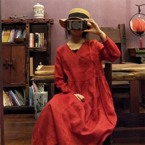 Johnature 2021 Spring New V-Neck Long Sleeve Dress For Women Linen Loose Fold Vintage Robes Solid Color Casual Dress