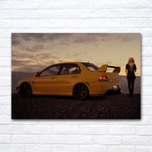 Sunset Girl and Mitsubishi Evolution Lancer Car Poster Canvas Cloth Fabric Print Painting for Home Decor Wall Art Picture