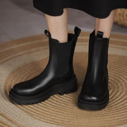 Lucyever Classic Black Chelsea Boots Women Autumn Slip-on Thick Bottom Platform Mid Calf Boots Woman Comfy Loose Med Heel Botas