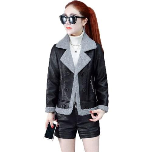 Womens Leather Jacket for Winter 2020 New Plus Velvet Warm Slim Suit Collar Short PU Leather Coat Female Outerwear High Quality