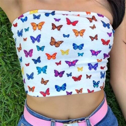 Summer Women Sexy Strapless Tube Tops Sexy Women Print Tube Top Sleeveless Crop Top Lady Bandeau 3D Butterfly Colorful Tops