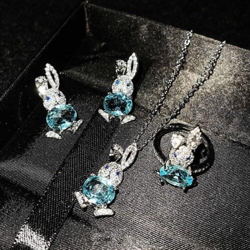 Fashion Jewelry Sets Cute Rabbit Shiny Crystal Rhiestone Copper Adjustable Ring Necklace Earrings For Women Men Jewelry Gift