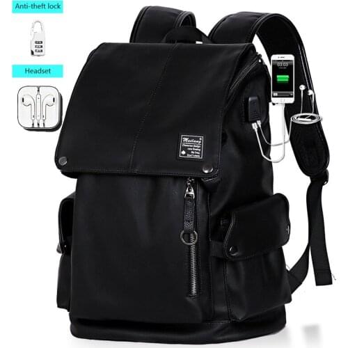 Man Backpack PU Leather USB Charging Laptop School Bag Male Waterproof Travel Back Pack Fashion Casual Quality Bag Mochila Sac