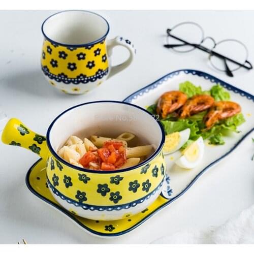 Breakfast Bowl Plate Set Ceramic Bowl With Handle Glaze Baking Plates Bread And Milk Fruit Tableware