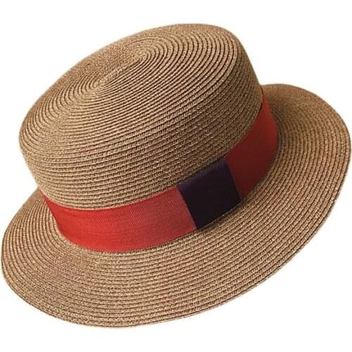 New Summer Hats for Women Men Sun Cap Short Wide Brim Beach Hat Ribbon Boater Hats Flat Top Straw Hat Kuntucky Derby Hat