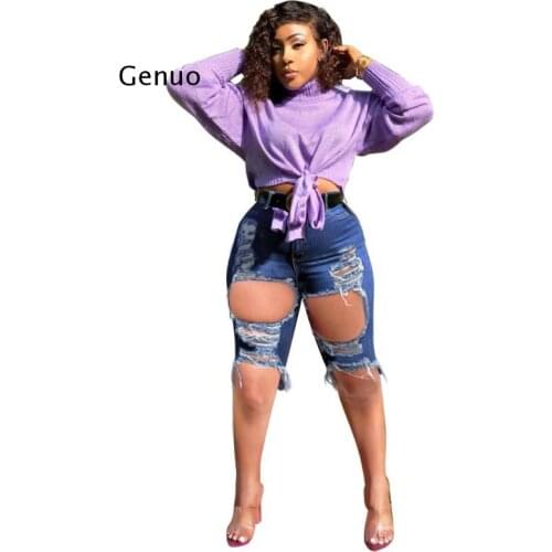 Summer Sexy Clothing Women Denim Ripped Shorts High Waist Holes Draped Destroyed Stretch Bodycon Pencil Slim Shorts Club Street