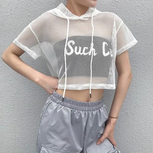 Punk Rock Short Mesh Fishnet Top Women Tshirt Perspective Smock Long Sleeve Womens T-shirts Sexy Cropped Shirt