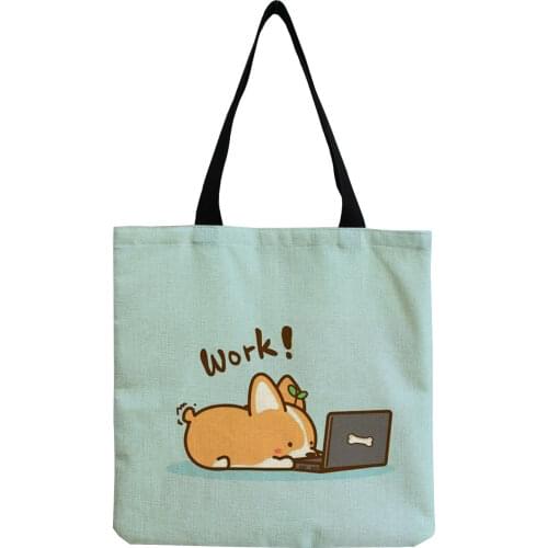 Blue Student Shoulder Bag Cartoon Dog Print Handbag Lady Tote Corgi High Capacity Shopping Bag Can Custom Pattern Dropshipping