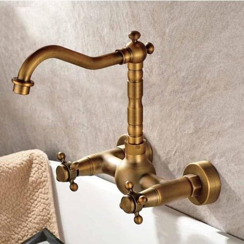 Basin Faucets Antique Brass Wall Mounted Kitchen Bathroom Sink Faucet Dual Handle Swivel Spout Hot Cold Water Tap KD1265
