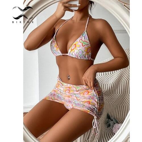 2021 Triangle swimwear women Floral print bikini set 3 pieces suit Halter swimsuit female String bathing suit Skirt beach wear
