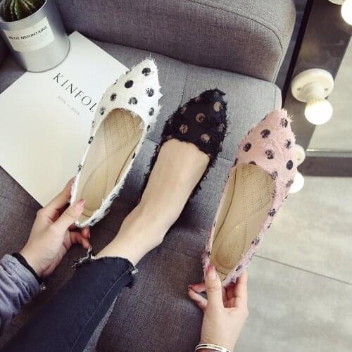 Pointed Toe Flat Shoes Woman 2020 Spring New Fashion Polka dot Shallow Pink Black White Color Plus size Womens Flat Heel Shoes