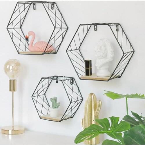 Iron Hexagonal Grid Wall Shelf Combination Wall Hanging Geometric Figure Wall Decoration For Living Room Bedroom