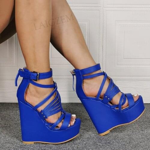 BERZIMER Women Platform Wedges Sandals Zip Up Strappy Faux Leather Heels Pumps Female Open Toe Shoes Woman Plus Size 45 47 52