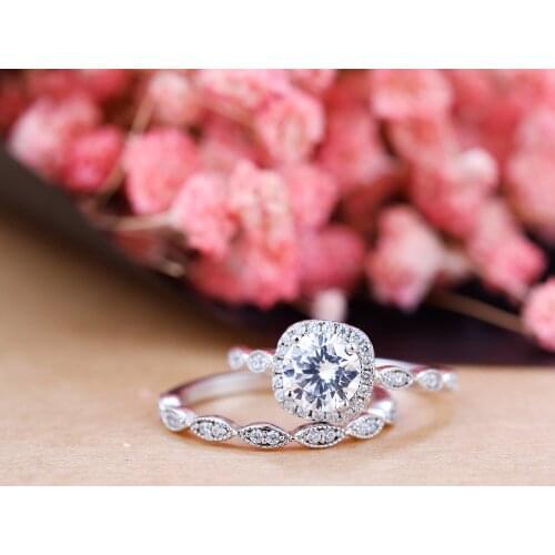 GEMS BALLET 925 Sterling Silver Womens Jewelry Art Deco Halo Set Micro Pave Moissanite Wedding Rings (1.0Ct 6.5mm EF Color )