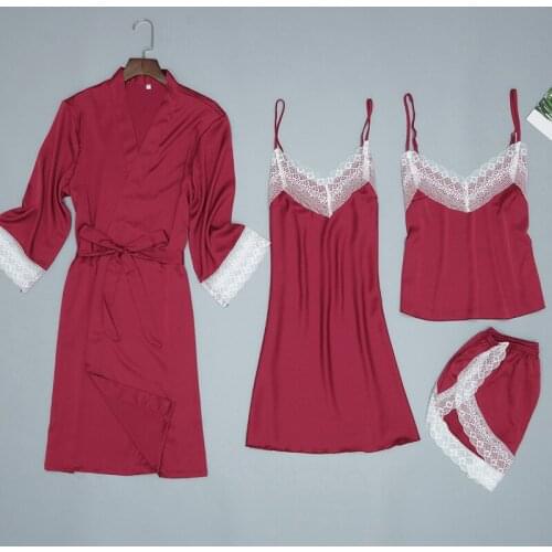 Lady Home Wear Pajamas 4PC Strap Top Pants Suit Sleepwear Sets Woman Nightgown Sexy Kimono Sleep Robe Bath Gown Nightdress