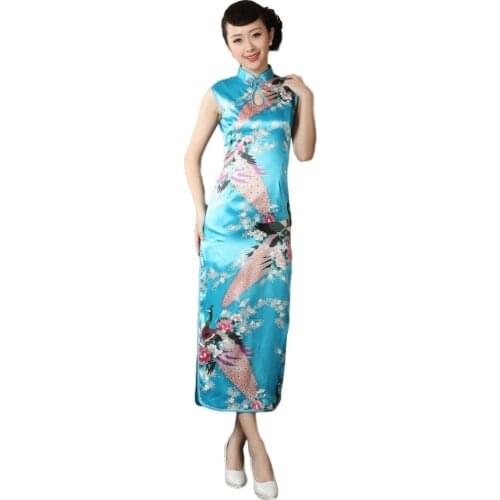 Free shipping Sleeveless peacock Print Qipao chinese traditional dress red chinese womens satin chinos cheongsam qipao