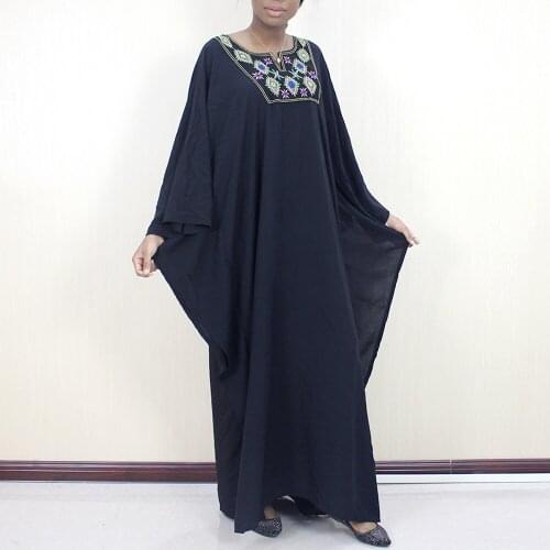 Vintage Casual Women Dress Floral Embroidery Elegant Loose Batwing Sleeve Autumn Winter Muslim Black Maxi Dresses 2021