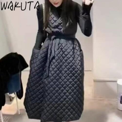 WAKUTA Winter Thicken Midi Dress Women 2020 Korean New Design Black Cross V Neck Sashes High Waist Pockets Strap Dresses Elegant