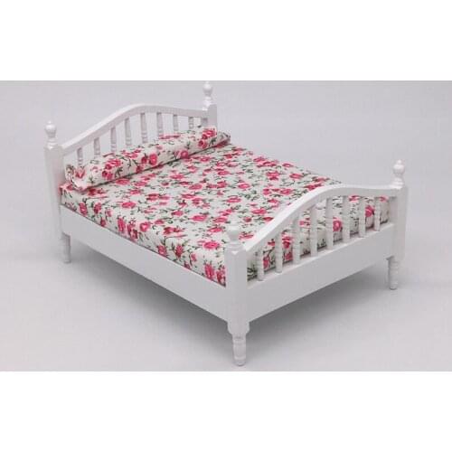 1: 12 Dollhouse Mini Flower Sheet Bedroom White Bed Model Toy
