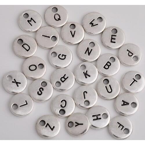 10pcs 10MM DIY round antique silver color alphabet charms initial alloy fittings double-sided letter pendant jewelry ornaments