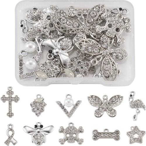 20pcs/box Mixed Shapes Alloy Crystal Rhinestone Pendants Charms for Jewlery Making DIY Accessories Findings