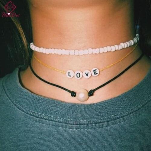 2020 Kpop Fashion Layers Letter Love Short Necklace Women Summer Unique Chokers Bohemian Seed Beads Beach Style Neck Accessories