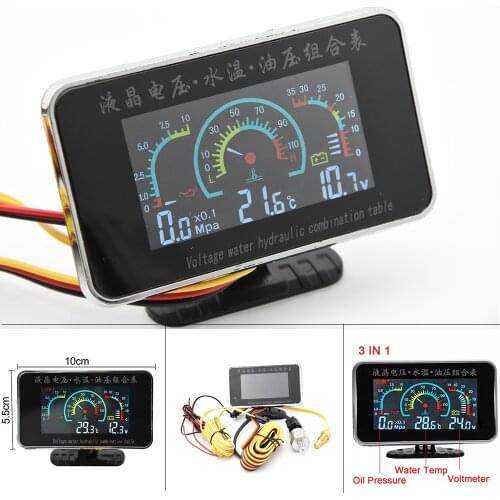 3 In 1 LCD Digital Gauge Water Temperature Gauge with Sensors 10MM Oil Pressure Gauge Voltmeter 1/8 NPT Universal LCD Gauge