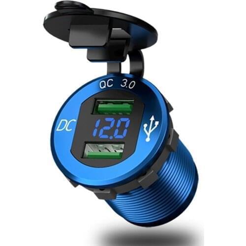 Dual USB car Charger Quick Charge 3.0 Waterproof Socket Aluminum Power Outlet Charge with LED Voltmeter for 12V 24V Car Boat