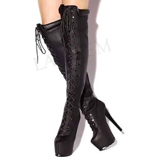 BERZIMER Women Over Knee Platform Boots Unisex Shoes Woman Wide Calf Friendly Man Ladies Shoes Lace Up Botas Large Size 44 45 52