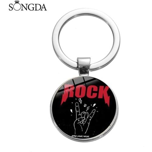 Rock Hand Hipster Keychain Rock Culture Key Ring Hippie Art Patterns Glass Cabochon Metal Pendant Car Key Chain Chaveiro