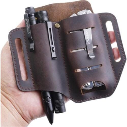 Leather Tool Sheath 2 Pockets Multitool Holder Essentials EDC Organizer Belt Pouch for Pocket Knife Tactical Pen Flashlight Tool