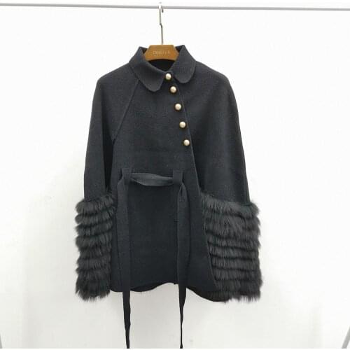 Cashmere Woolen Cape Fox Fur Fringe Long Wool Coat Elegant Women Shawl Oversize Thick Warm Wool Jacket