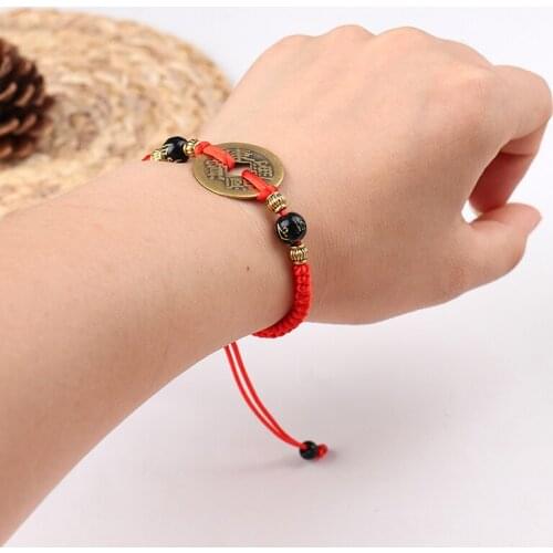 Chinese Feng Shui I Ching Ancient Coin Red String Attract Lucky Wealth Bracelets