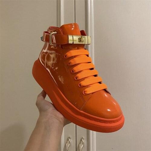 Jelly Sneakers for Women Patent Leather Thick Bottom Platform Sneakers Lace-up Mental Buckle Lock Decor 2021 New Luxury Designer