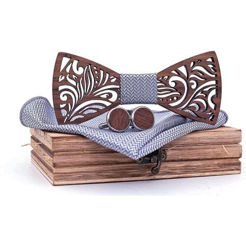 Linbaiway Fashionable Mens Wooden Bowtie Handkerchief Cufflinks Set with Box Wood Bow Tie Wedding noeud Papillon Hombre pajarita