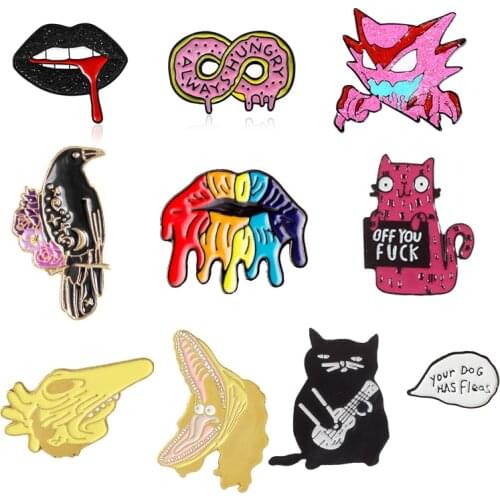 Cute Kawaii Animal Lips ghost Enamel Pins Rainbow Lips bird Crow Cat music Big mouth ghost Brooch Badges Jewelry Bijoux for kids