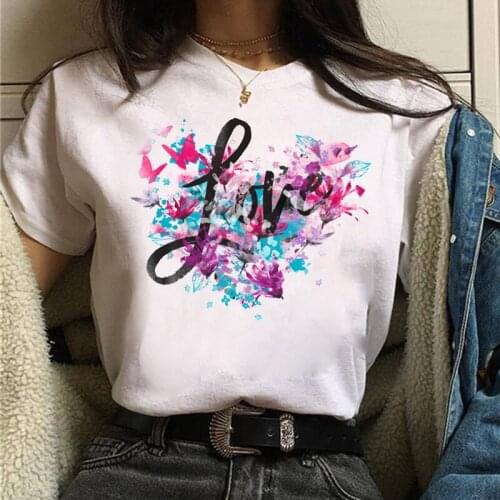 Fashion Women T Shirt Butterfly and Love Print Tee Shirts Female Harajuku Cute Tops Tee Casual Short Sleeve Tee T-shirt Clothing