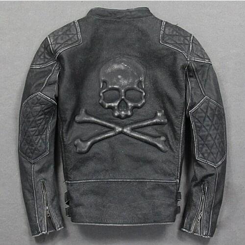 2020 Mens Vintage Black Skulls Motorcycle Leather Jacket Black Stand Collar Genuine Cowhide Loss of sales, sold no longer produ