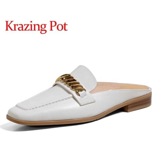 Krazing Pot genuine leather round toe low heels gentlewomen metal fasteners beauty lady mules dating slip on women sandals L59