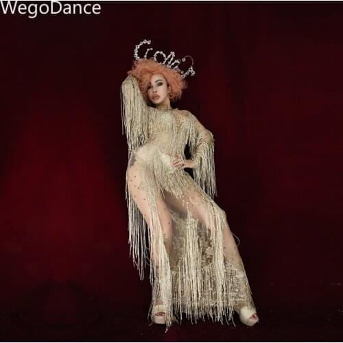 New Hot Sale Gold Tassel Stones See Through Mesh Dress Women Birthday Celebrate Dress Bar Evening Outfit Women Dancer Long Dress