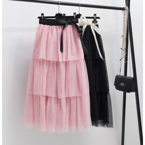 Korobov Autumn New Mesh Cake Women Skirts Korean High Waist A-Line Midi Skirt Vintage Sweet Preppy Style Bow Faldas Mujer