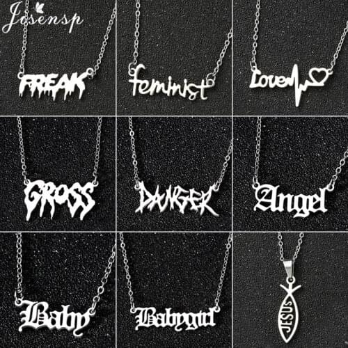 Punk Irregular Words Pendant Necklace Hip Hop Stainless Steel Freak Jesus Gross Babygirl Prince Letter Necklace Harajuku Jewelry