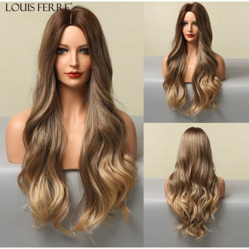 LOUIS FERRE Ombre Brown Hair Wigs Middle Parted Long Natural Wave Synthetic Wigs for Women on Daily/Cosplay Heat Resistant Fiber