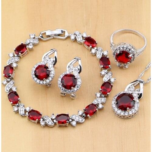 Natural 925 Silver Jewelry Red Zircon White CZ Charm Earrings Pendant Necklace Ring Bracelets Jewelry Sets for Women