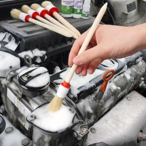 5pcs/set Car Side Seam Detail Brush Cleaning Brush for Air Outlet Engine Air Conditioner Washable Round Head Wooden Soft Brush