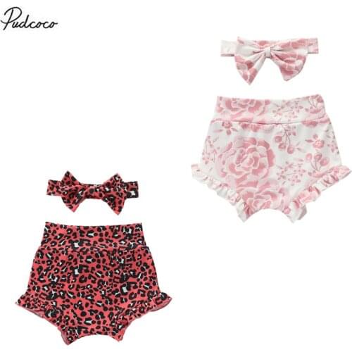2020 0-18M Infant Shorts 2Pcs Baby Girls Leopard Shorts Headband Cotton Infant Kids Ruffles Short Summer Clothing Girls Bottoms