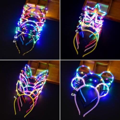 Luminous LED Cat Ears Tiara Crown Headband Rabbit Hairwear Wreath Glow Headwear Head Band for Adult Girls Women Children Gift