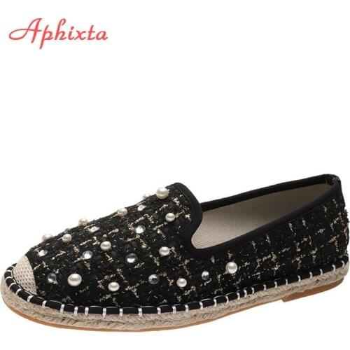 Aphixta Women Flats Shoes Pearl Fisherman Flat Heel Shallow Bling Loafers Round Toe Cane Fabrics Flats Casual Ladies Footwear